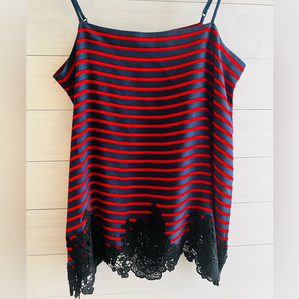 Silk Red/Blue Top with Lace Trim